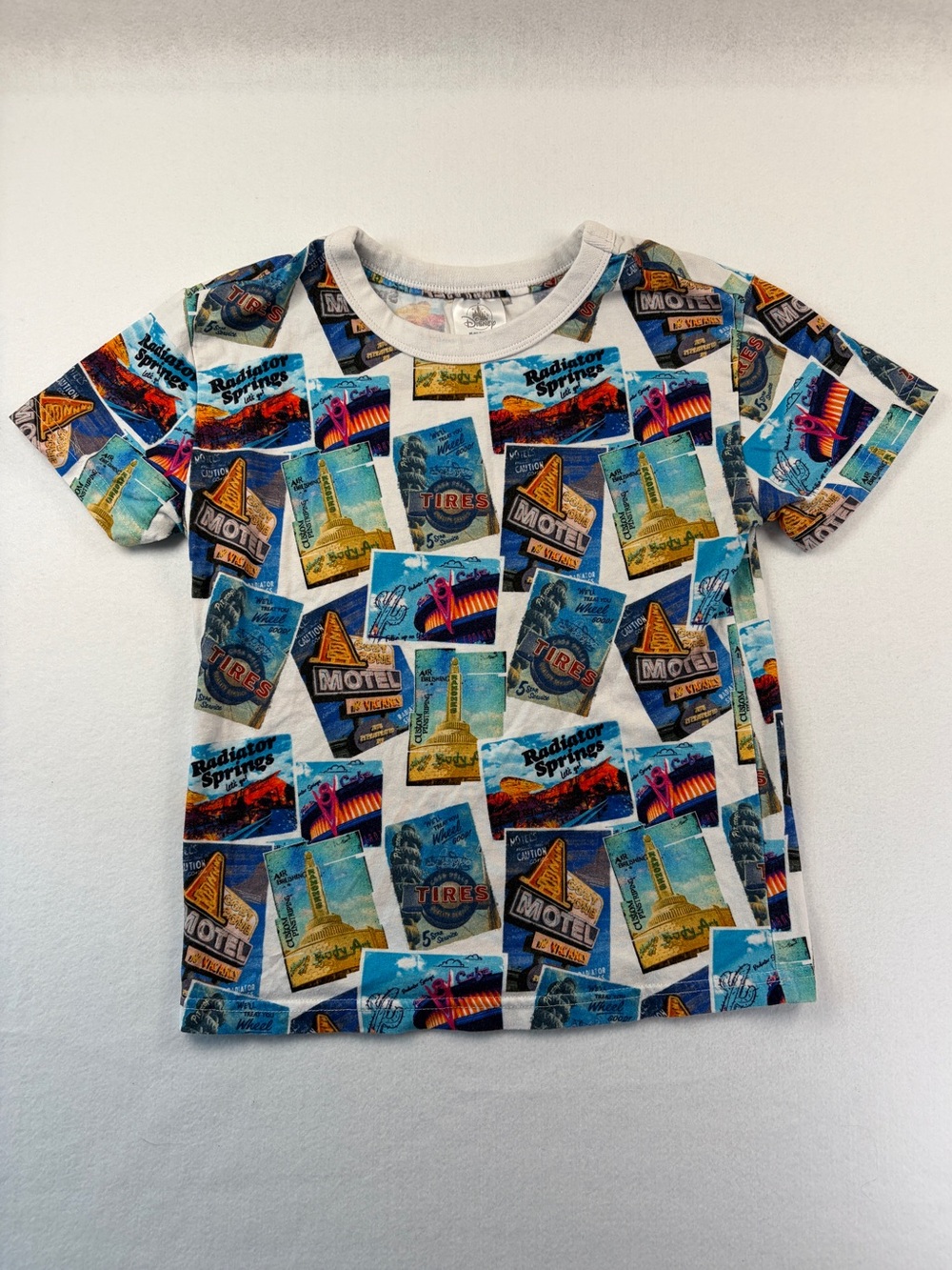 Disney Parks Pixar Kids M 7/8 Cars Land Radiator Springs Racers DCA Tee AOP HTF